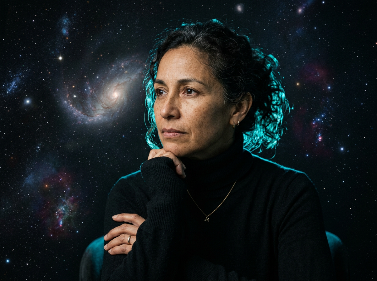 Retrato editorial de uma mulher, especialista em personalidade dos signos, em ambiente escuro e acolhedor.