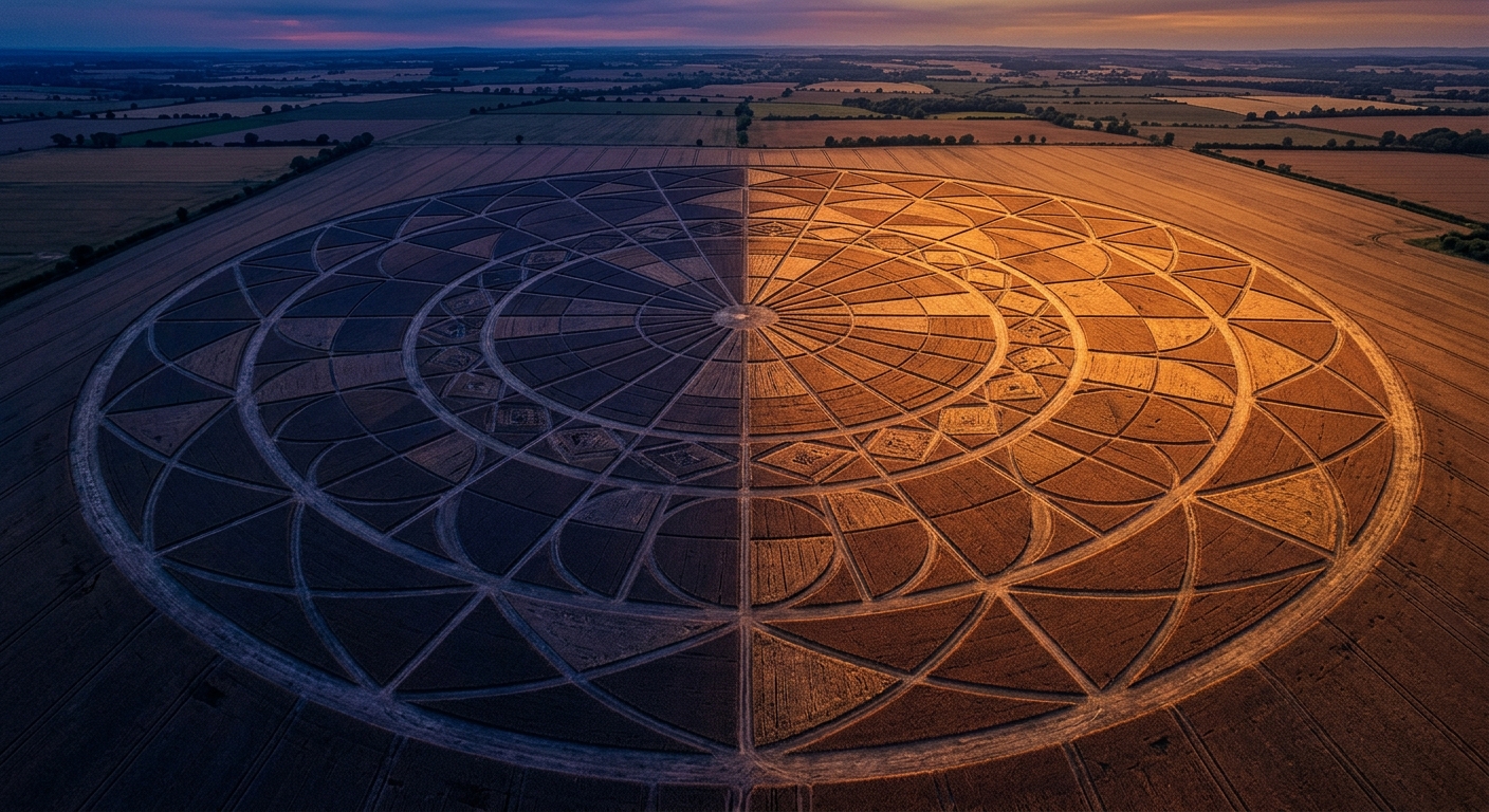 Vista aérea de mandala geométrica representando aspectos astrológicos e tensão no mapa astral