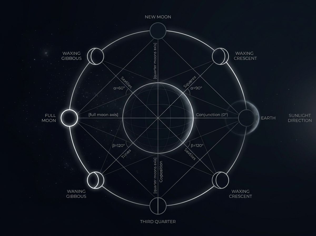 Diagrama minimalista de fases da lua cruzadas com ângulos astrológicos, representando as camadas ocultas da personalidade dos signos.